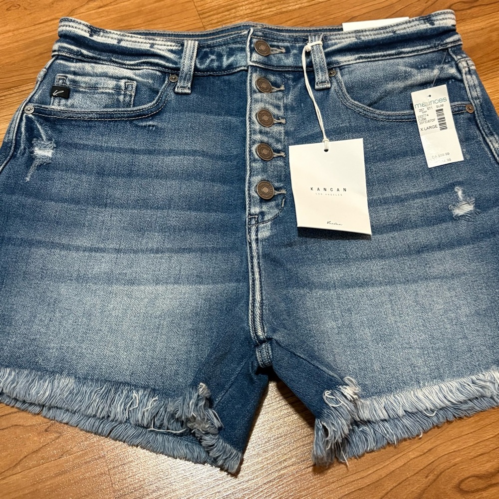 KanCan Blue Jean Shorts Women’s XL high rise button fly distressed frayed hem - Picture 15 of 15